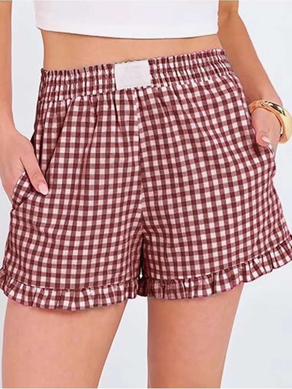 Cotton Gingham Ruffle-Hem Shorts in Red/White